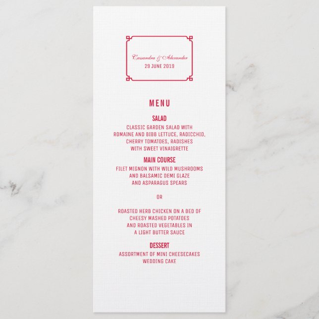 Red Deco Chic Wedding Menu (Front)