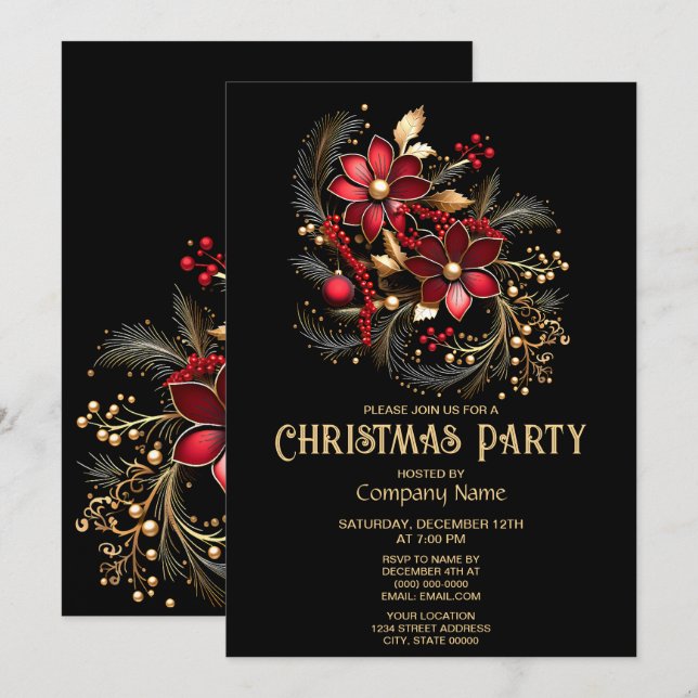 Red Decorative Flowers Christmas Party Invitation (Front/Back)