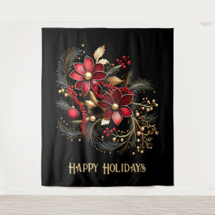 Red Decorative Flowers Holiday Backdrop Tapestry