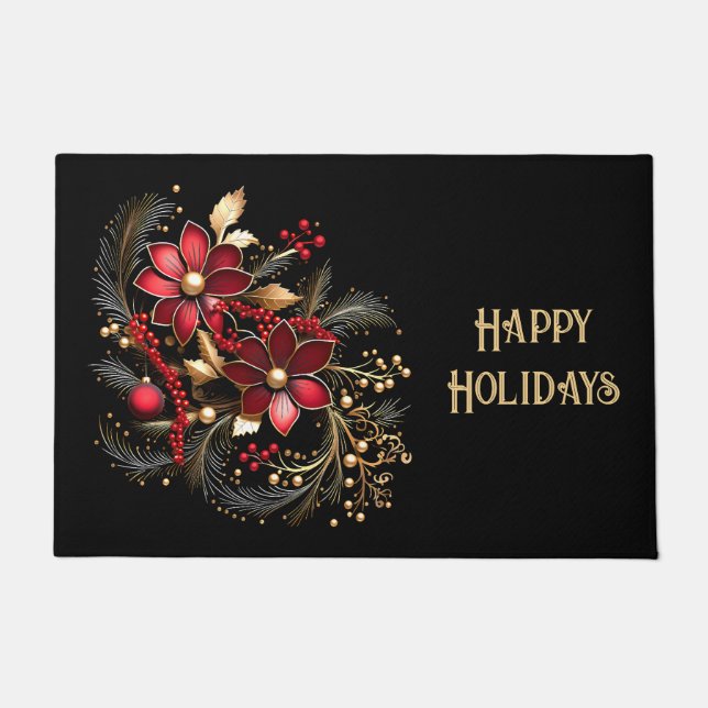 Red Decorative Flowers Holiday Doormat (Front)