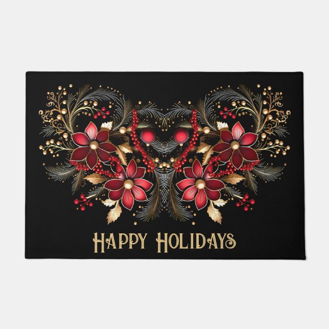 Red Decorative Flowers Holiday Doormat (Front)
