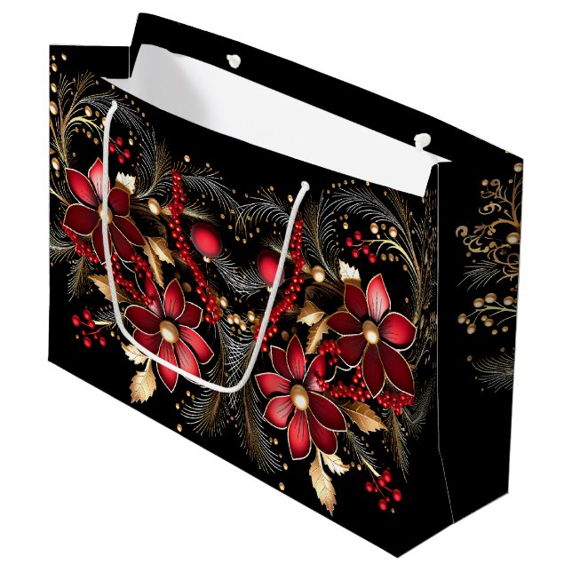 Red Decorative Flowers Holiday Gift Bag (Front Angled)