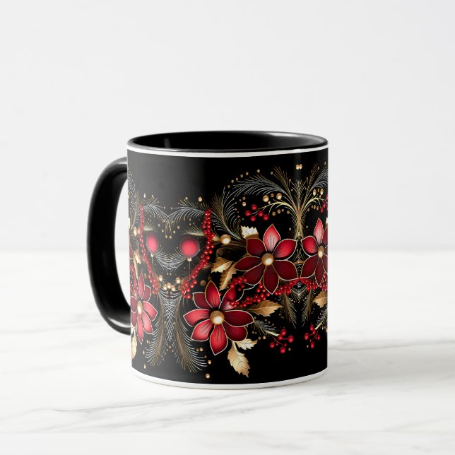 Red Decorative Flowers Holiday Mug (Front Left)