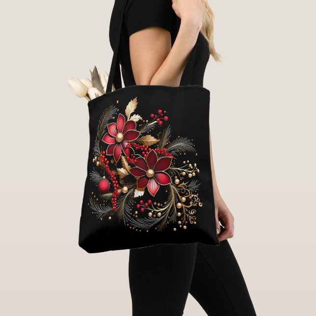 Red Decorative Flowers Holiday Tote Bag (Close Up)