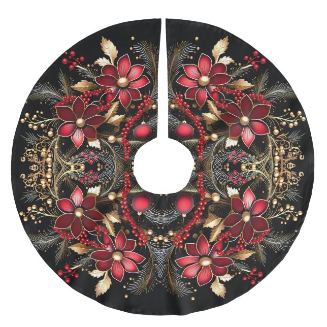 Red Decorative Flowers Holiday Tree Skirt (Front)