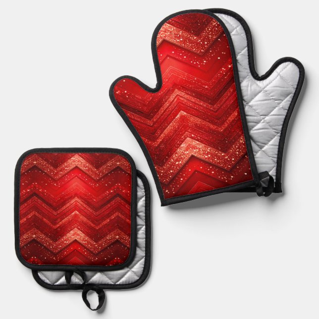 Red Decorative Glitter Oven Mitt & Pot Holder Set (Front/Back)