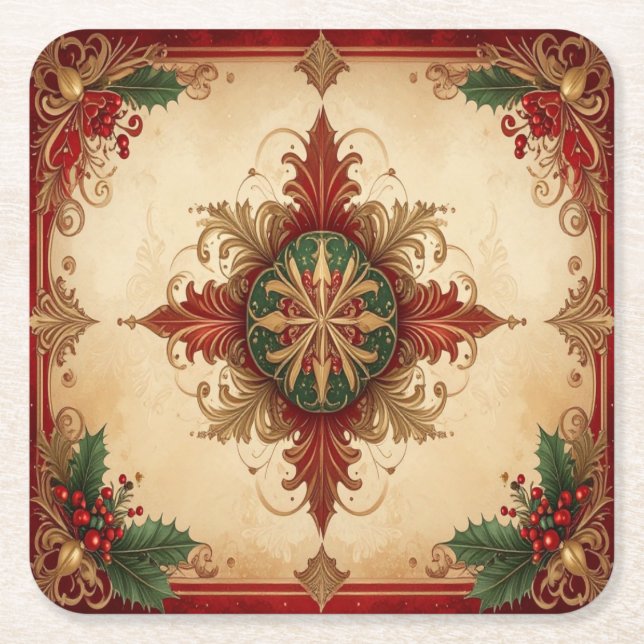 Red Decorative Holiday Paper Coaster (Front)