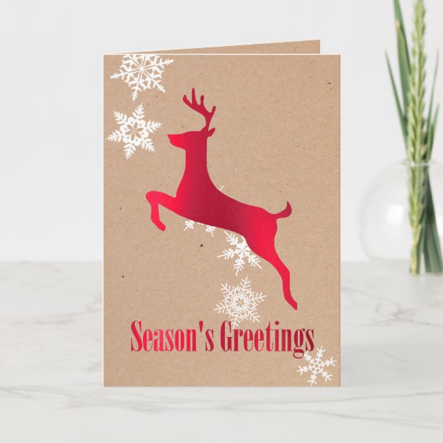 Red Deer and Snowflakes Holiday Greeting Card (Front)