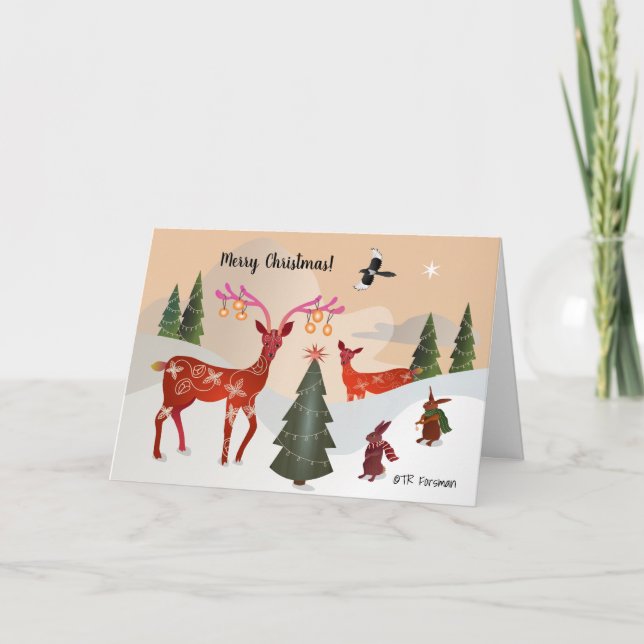 Red deer, bunnies, magpie Christmas Card (Front)
