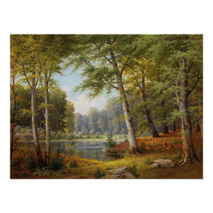 Red Deer by the Forest Pond Poster