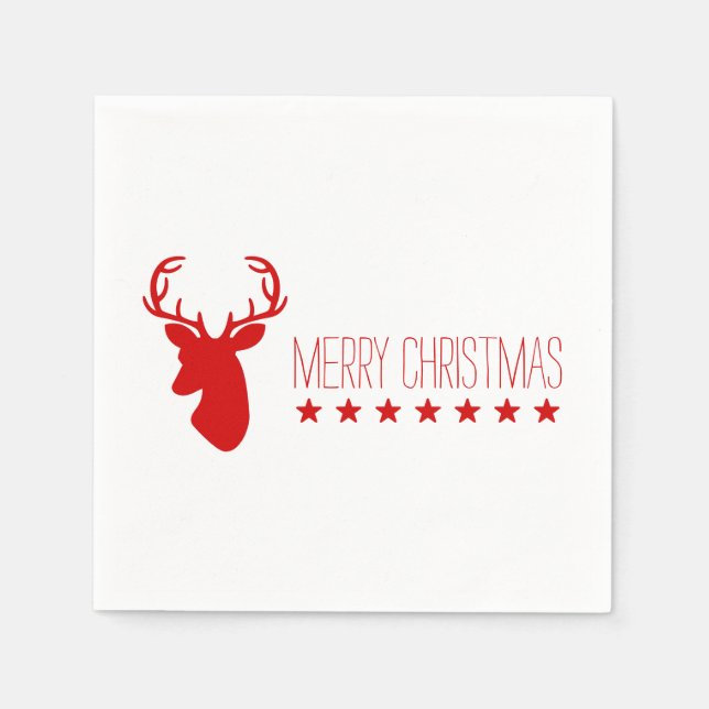 Red Deer Head And Stars With Text Merry Christmas Napkin (Front)