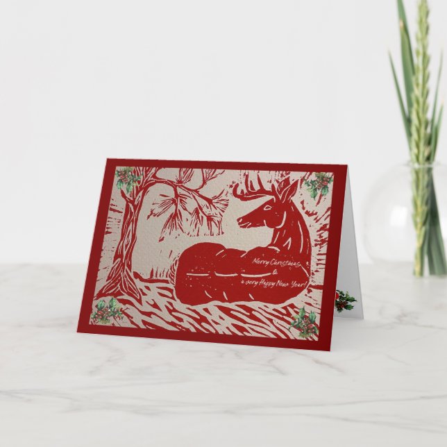 Red Deer in Woods Christmas 2025 Holiday Card (Front)