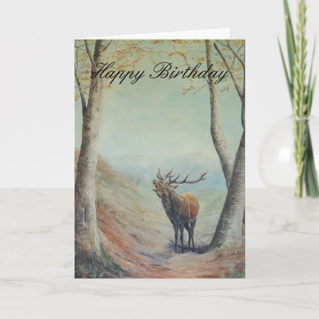 Red deer stag art, Happy Birthday . Card (Front)