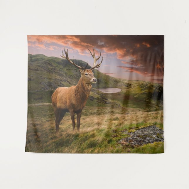 Red deer stag in dramatic mountain landscape tapestry (Front (Horizontal))