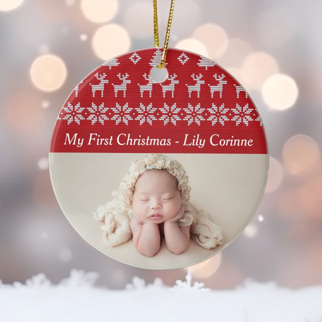 Red Deer Tree Pattern Baby's 1st Christmas Photo Ceramic Tree Decoration (Creator Uploaded)