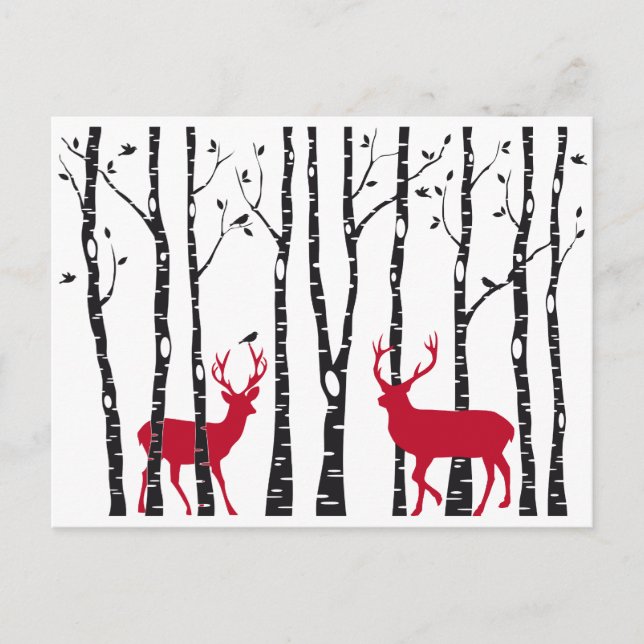 Red deers in birch tree forest postcard (Front)