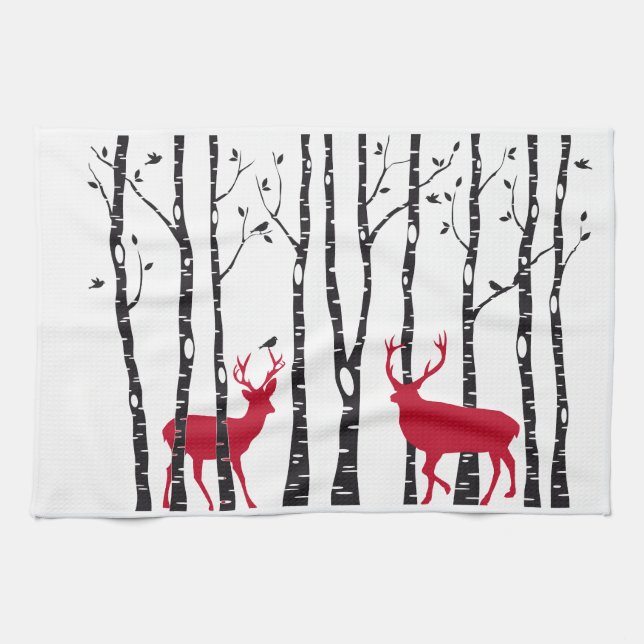Red deers in birch tree forest tea towel (Horizontal)