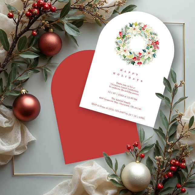 Red Delicate Chic Winter Christmas Wreath Party Invitation (Delicate Chic Winter Christmas Wreath Holiday Party Invitations Cards in Digital Watercolor Style. )