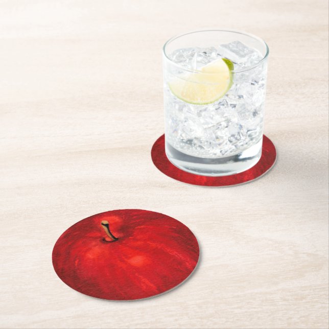 'Red Delicious' Watercolor Apple Round Paper Coaster (Insitu)