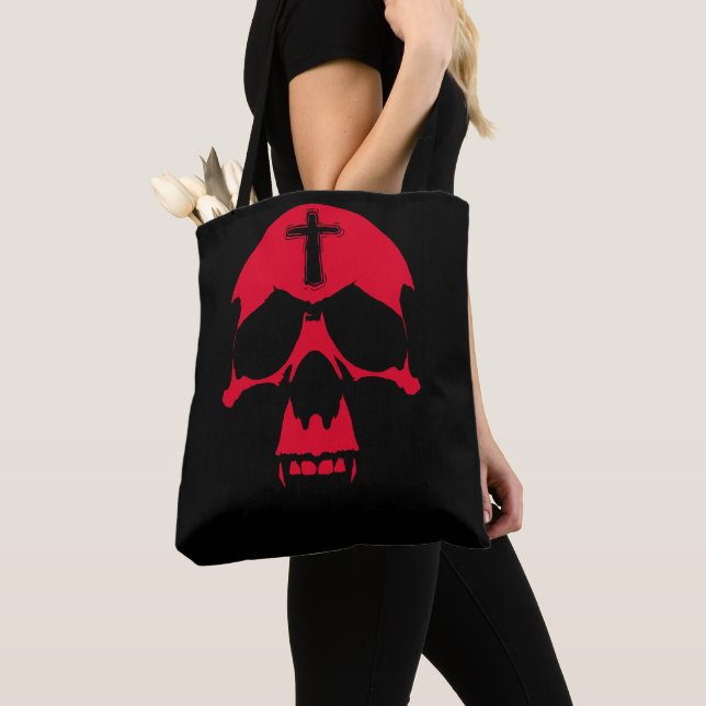 Red Demon Skull Gothic Graphic Design Tote Bag (Close Up)