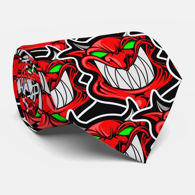 Red Demon with Green Eyes Retro Art  Tie (Rolled)