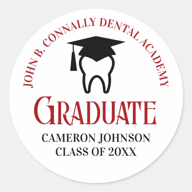 Red Dental School Custom Dentist Graduation Party Classic Round Sticker (Front)
