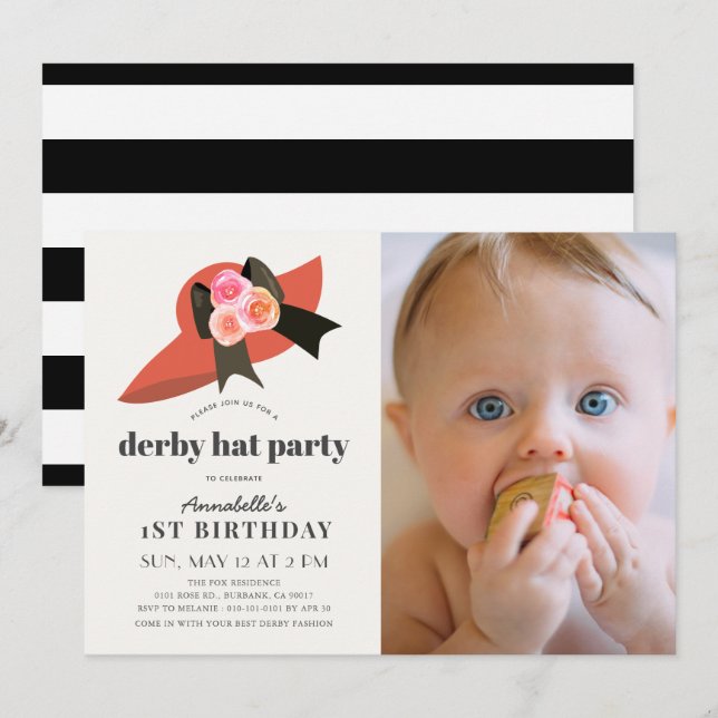 Red Derby Hat Rose 1st Birthday Party Photo Invitation (Front/Back)