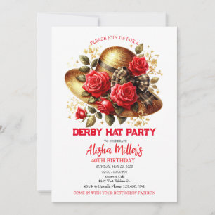 Red Derby Hat Roses Birthday Party Invitation