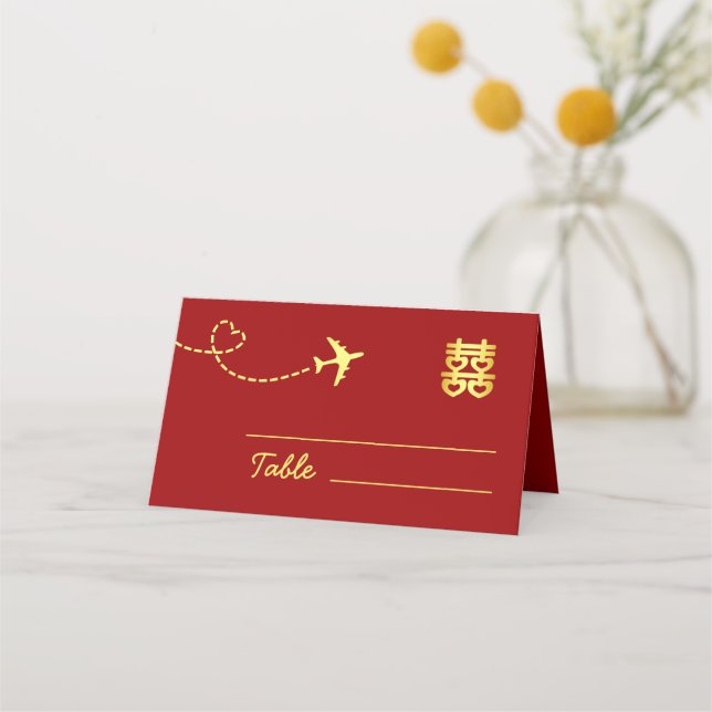 Red destination Chinese wedding love plane route Place Card (Front)