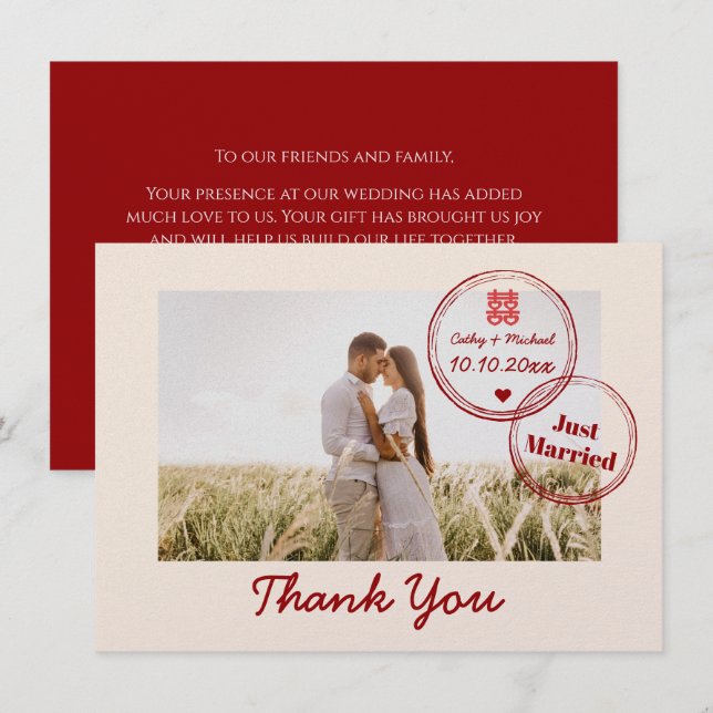 Red destination wedding double happiness photo thank you card (Front/Back)
