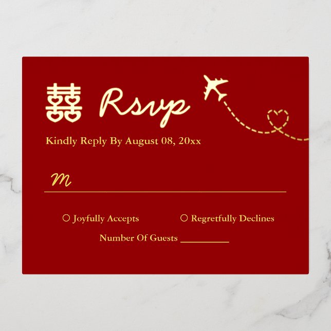 Red destination wedding double happiness rsvp foil invitation postcard (Front)