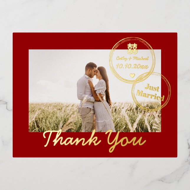 Red destination wedding double happiness thank you foil holiday postcard (Front)