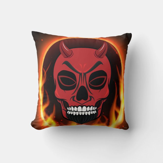 Red Devil Skull Skeleton Pillow fire and flames (Front)
