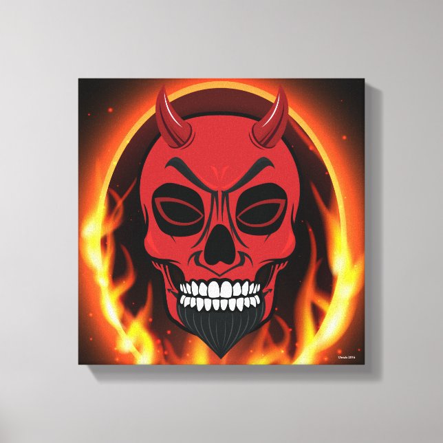 Red Devil Skull Skeleton with fire and flames art Canvas Print (Front)