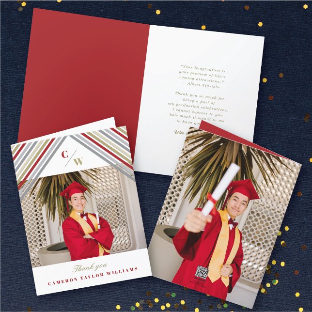 Red Diagonal Stripes Photo Modern Graduation Thank You Card (Red Diagonal Stripes Monogram, Photo Modern Graduation Thank You Card @ zazzle.com/color_therapy)