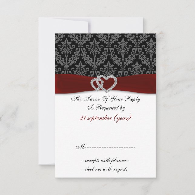 red diamante damask standard 3.5 x 5 wedding RSVP card (Front)