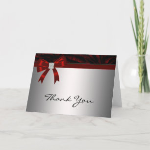 Red Diamond Bow Silver Red Thank You Card