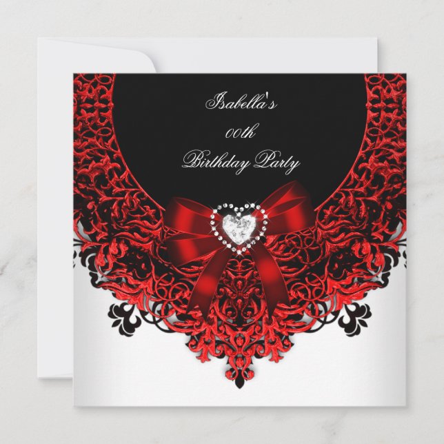 Red Diamond Heart Red Black White Birthday Party Invitation (Front)