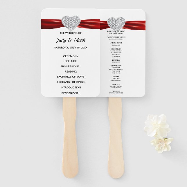 Red Diamond Heart Wedding Program Hand Fan (Front and Back)