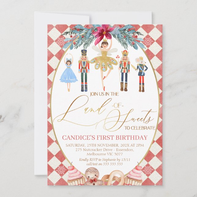Red Diamond Land of Sweets Nutcracker Birthday Invitation (Front)