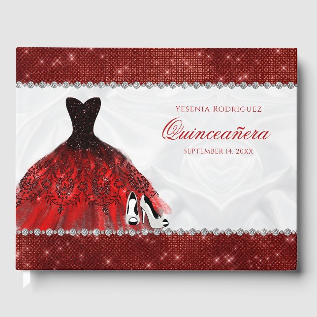 Red Diamond Sparkle Glam Quinceañera Guest Book (Front)