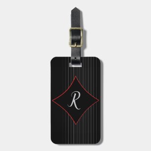 Red Diamond Trimmed Monogram Black Grey Pinstripes Luggage Tag