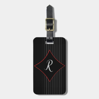 Red Diamond Trimmed Monogram Black Grey Pinstripes Luggage Tag
