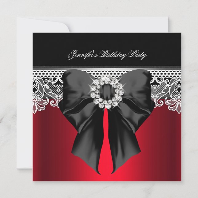 Red Diamonds Lace Image Birthday Party Black Invitation (Front)