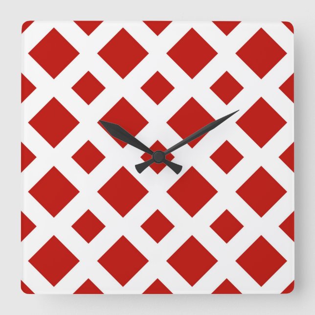 Red Diamonds on White Square Wall Clock (Front)
