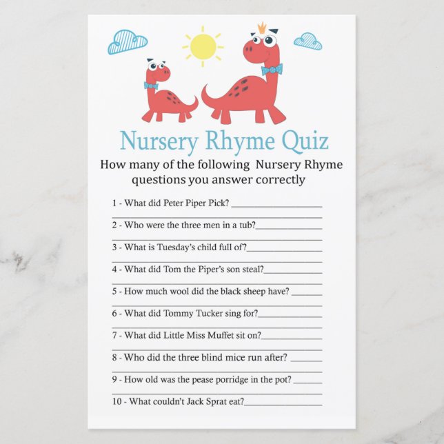 Red dinosaur Nursery Rhyme Quiz baby shower game (Front)