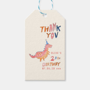 Red dinosaur two rex 2nd birthday party gift tags
