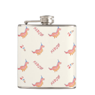 Red dinosaur two rex 2nd birthday party hip flask