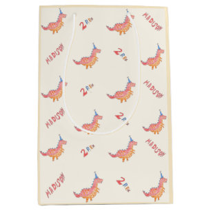 Red dinosaur two rex 2nd birthday party  medium gift bag