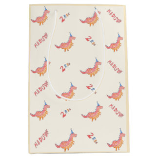 Red dinosaur two rex 2nd birthday party medium gift bag